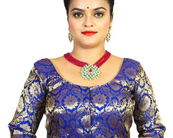 Women's Saree Blouse, Royal Blue Banarasi Silk Elbow Sleeves Bloues, Saree Blouse, Blouse, Party Wear Blouse, Embroidered Net Sari Blouse