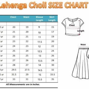 Op de afbeelding: Een maattabel voor een lehenga choli, een traditionele Indiase outfit, met maten in inches voor borst, taille, blouse lengte en rok lengte voor leeftijden van 6 maanden tot 12 jaar.