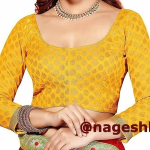 Yellow Chanderi Silk Saree Blouse With 3/4 Sleeves, Readymade Blouse, Ethnic Women&#39;s  Sari Blouse, Indian Blouse, Indian Crop Top, Choli
