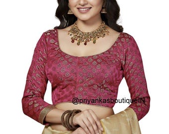 Hot Pink Chanderi Silk Saree Blouse, 3/4 Sleeve Readymade Indian Crop Top