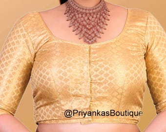 Golden Chanderi Silk Saree Blouse, Elbow Sleeves, Indian Top