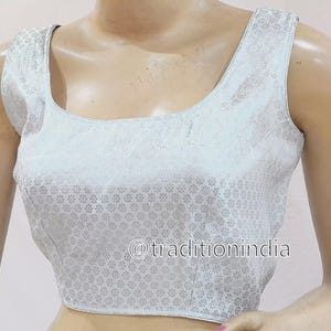 Silver Brocade Silk Saree Blouse, Sleeveless Blouse ,Readymade Saree Blouse, Women&#39;s Sari Blouse, Indian Blouse, Short Top Size - 38