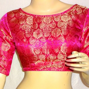 Readymade Saree Blouse, Brocade Silk Sari Blouse, Indian Blouse, Short Top, Pink color Boat Neck Padded Blouse
