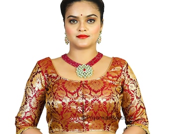 Readymade Banarasi Silk Saree Blouse, Elbow Sleeves, Indian Sari Top