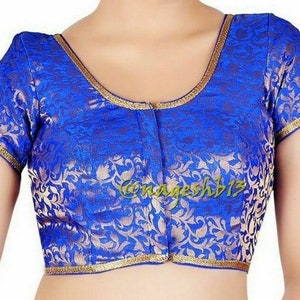 Blue Brocade Silk Saree Blouse, Readymade Blouse, Ethnic Women&#39;s  Sari Blouse, Indian Blouse, Indian Crop Top, Choli