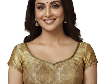 Golden Banarasi Silk Saree Blouse, Women's Readymade Sari Blouse, Indian Crop Top