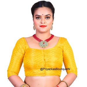 Readymade Saree Blouse, Women&#39;s Chanderi Silk Sari Blouse, Indian Blouse, Short Top, Yellow Color Saree Blouse with Elbow Sleeves