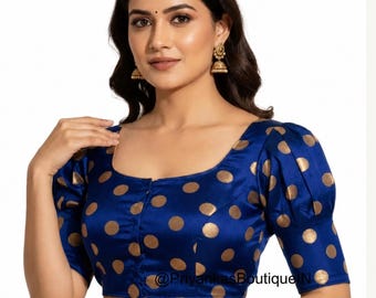 Women's Blue Banarasi Silk Saree Blouse, Traditional Puff Sleeves Sari Top, Indian Crop Top