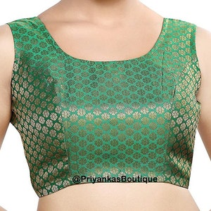 Green Banarasi Silk Saree Blouse, Readymade Saree Blouse, Indian Blouse, Short Top, Sleeveless Blouse, Boat Neck Ready to Wear Saree Blouse