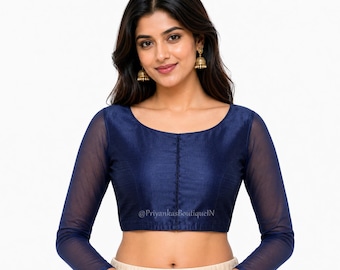 Readymade Navy Blue Saree Blouse, Ready To Wear  Blouse, Ethnic Women's  Sari Blouse, Indian Blouse, Indian Crop Top, Choli