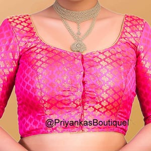 Readymade Saree Blouse, Women&#39;s Chanderi Silk Sari Blouse, Indian Blouse, Short Top, Hot Pink Color Saree Blouse with Elbow Sleeves