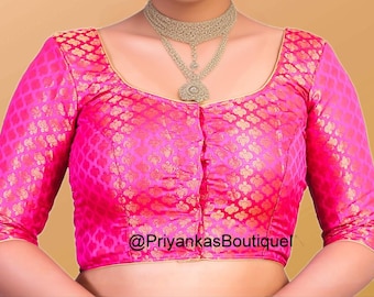 Hot Pink Chanderi Silk Saree Blouse, Elbow Sleeves, Indian Top