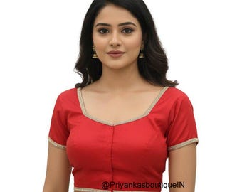 Red Taffeta Silk Saree Blouse, Short Sleeves Sari Blouse, Ethnic Indian Top