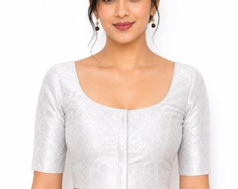 Silber Chanderi Seide Saree Bluse, bereite Saree Bluse, Sari Bluse für Frauen, indische Bluse, kurzes Top, bereit, Saree Bluse zu tragen
