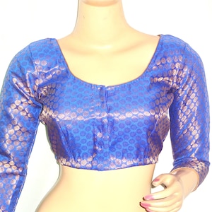 Readymade Saree Blouse, Women's Brocade Silk Sari Blouse, Indian Blouse, Short Top, Blue Color Saree Blouse with 3/4 Sleeves