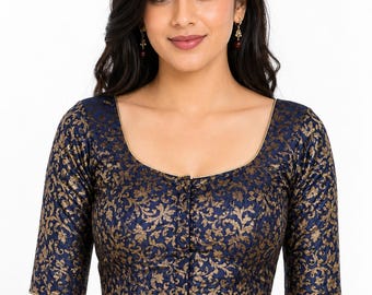 Blue Brocade Silk Elbow Sleeves Saree Blouse, Readymade Blouse, Ethnic Women's  Sari Blouse, Indian Blouse, Indian Crop Top, Choli