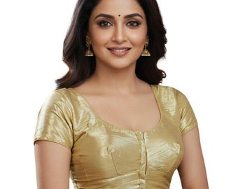 Gold Short Sleeves Saree Blouse, Readymade Saree Blouse, Indian Blouse, Short Top, Saree Blouse,  Women's Traditional Saree Sari Blouse