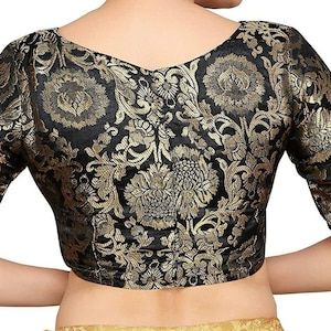 Black Banarasi Silk Saree Blouse, Readymade Saree Blouse, Indian Blouse , Ready To Wear Short Top, ,  Women&#39;s Traditional Saree Sari Blouse