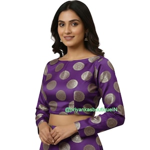 Magenta Banarasi Silk Boat Neck Long Sleeves Saree Blouse, Sari Top