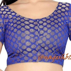 Blue Chanderi Silk Saree Blouse, Readymade Blouse, Women&#39;s Sari Blouse, Indian Blouse, Saree Blouse with Short Sleeves