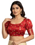 Women's Maroon Banarasi Silk Saree Blouse, Traditional Puff Sleeves Sari Top