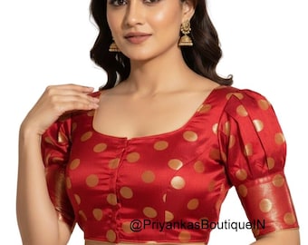 Women's Maroon Banarasi Silk Saree Blouse, Traditional Puff Sleeves Sari Top