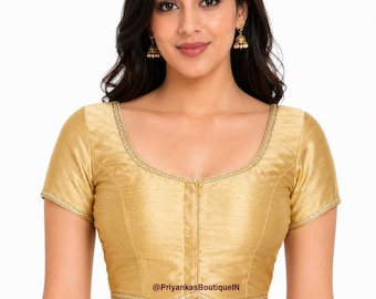 Golden Dupion Silk Saree Blouse, Readymade Saree Blouse, Indian Blouse , Ready To Wear Short Top, ,  Women's Traditional Saree Sari Blouse