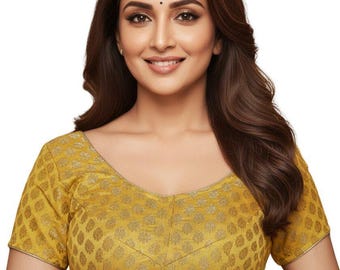 Women's Yellow Chanderi Silk Saree Blouse, Short Sleeve Sari Top