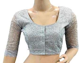 Silver Saree Blouse, Women's Saree Blouse, Readymade Saree Blouse, Sari Blouse, Party Wear Blouse, Embroidered Net Elbow Sleeves Sari Blouse