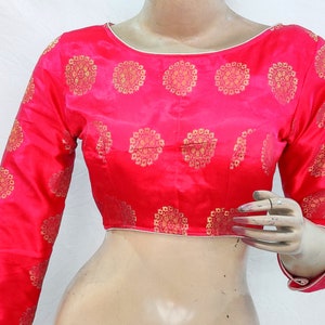 Readymade Saree Blouse, Satin Silk Sari Blouse, Indian Blouse, Short Top, Red color Boat Neck Padded Blouse