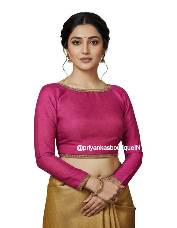 Hot Pink Dupion Silk Saree Blouse, Long Sleeve Indian Top
