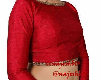 Maroon Saree Blouse with Long Sleeves ,Readymade Saree Blouse, Women's Dupion Silk Sari Blouse, Indian Blouse, Short Top,