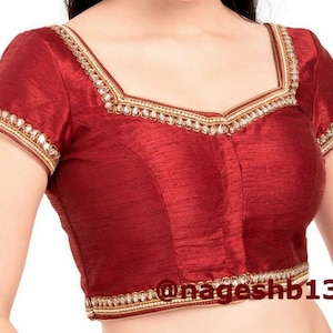 Ready To Wear Maroon Dupion Silk Saree Blouse with Shrot Sleeves ,Readymade Saree Blouse, Women&#39;s Sari Blouse, Indian Blouse, Short Top,