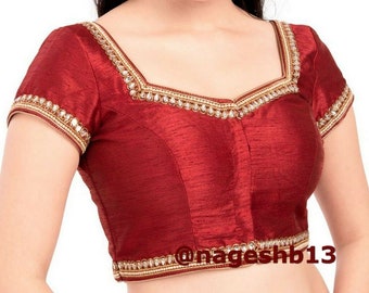 Ready To Wear Maroon Dupion Silk Saree Blouse with Shrot Sleeves ,Readymade Saree Blouse, Women's Sari Blouse, Indian Blouse, Short Top,