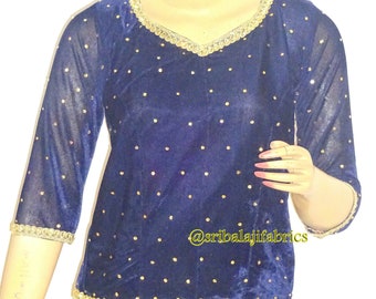 Navy Blue Saree Long Blouse with Elbow Sleeves ,Readymade Saree Blouse, Women's Velvet Sari Blouse, Indian Blouse, Short Top,