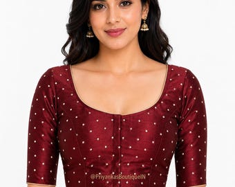 Maroon Dupion Silk Saree Blouse, Elbow Sleeves, Readymade