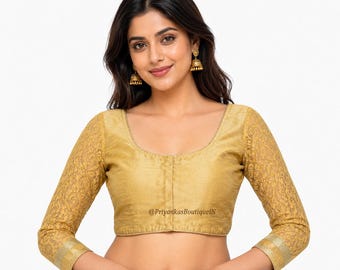 Golden Saree Blouse With 3/4 Net Sleeves, Readymade Saree Blouse, Indian Blouse, Short Top, ,  Women's Traditional Saree Sari Blouse