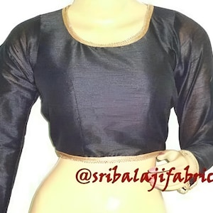 Black Dupion Silk Saree Blouse With Full Sleeves , Readymade Saree Blouse, Women&#39;s Sari Blouse, Indian Blouse, Short Top,Crop Top