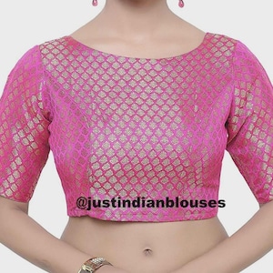 Designer Hot Pink Chanderi Silk Blouse, Saree Blouse, Partywear Sari Top,Wedding Saree Blouse, Indian Sari Blouse, Crop top, Choli