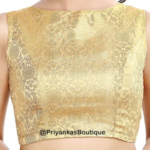 Golden Banarasi Silk Saree Blouse, Readymade Saree Blouse, Indian Blouse, Short Top, Sleeveless Saree Blouse, Boat Neck Women&#39;s Sari Blouse