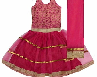 Hot Pink Brocade Silk Kids Lehenga Choli, Ethnic Festive Wear