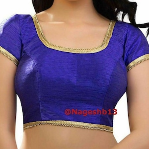 Blue Dupion Silk Short Sleeves Saree Blouse, Readymade Blouse, Ethnic Women&#39;s  Sari Blouse, Indian Blouse, Indian Crop Top, Choli