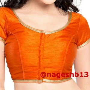 Readymade Orange Saree Blouse, Women&#39;s Dupion Silk Sari Blouse, Indian Blouse, Short Top, Saree Blouse with Short Sleeves