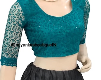 Women's Readymade Saree Blouse, Party Wear Teal Green Embroidered Net Elbow Sleeves Sari Blouse