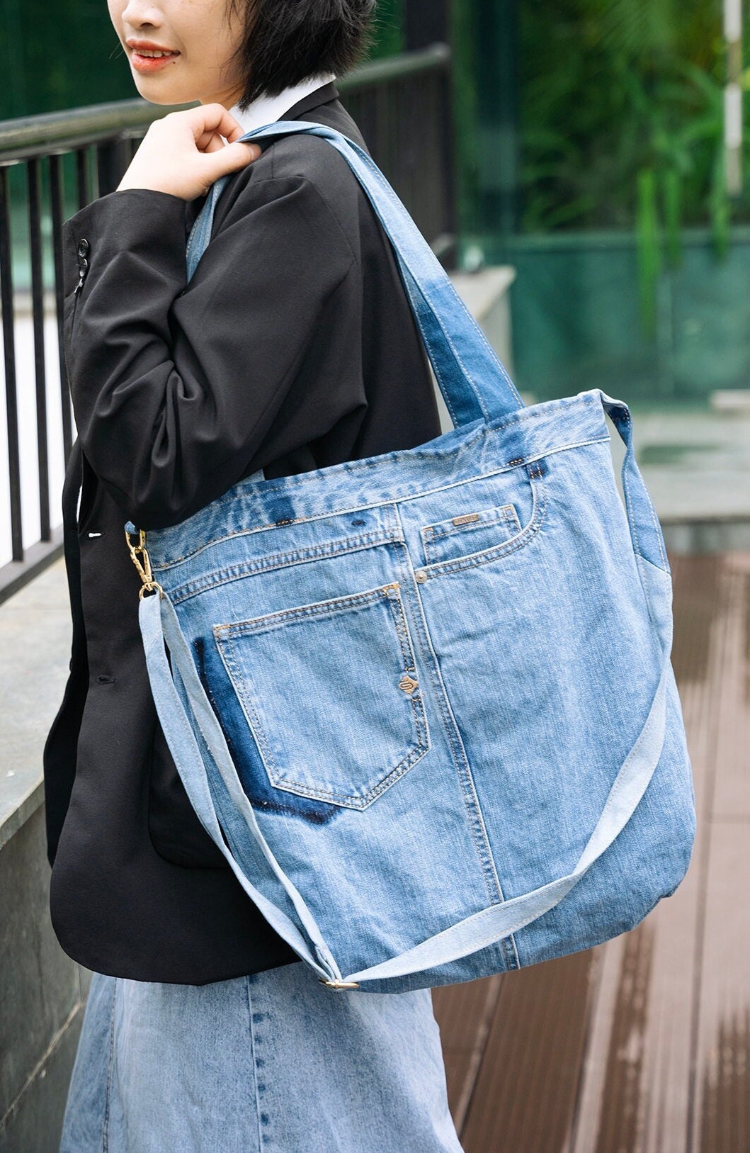 Reversible Patchwork Denim Tote Bag With a Pocket-denim Purse 