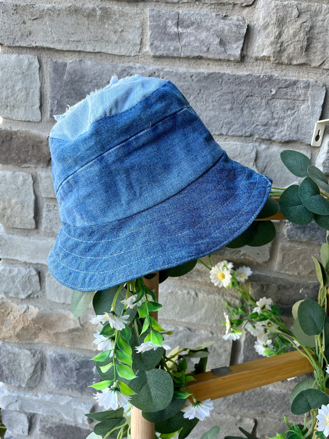 Denim Bucket Hat Upcycled Jean Bucket Hat Ripped Denim Hat Etsy