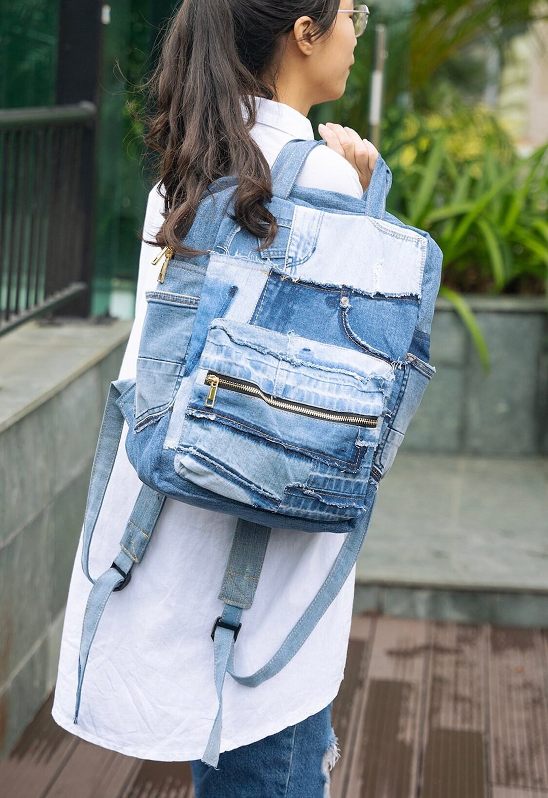 Denim Laptop Backpack, Denim School Backpack, Two Compartments Jean College Backpack, Twotone
