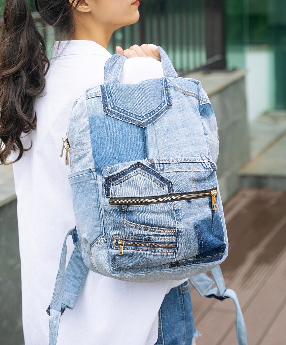 Denim Laptop Backpack, Denim School Backpack, Two Compartments Jean College  Backpack, Patchwork Denim Backpack With Pockets - Etsy