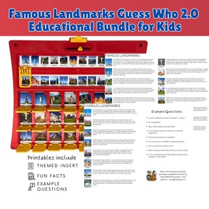 Puede incluir: Un juego "¿Quién es quién?" rojo con famosos monumentos. El juego incluye un inserto temático, datos curiosos y ejemplos de preguntas. El título del juego es "Famous Landmarks Guess Who 2.0 Educational Bundle for Kids."