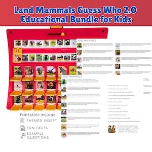 Puede incluir: Un juego "¿Adivina quién?" rojo con imágenes de animales, titulado "Land Mammals Guess Who 2.0 Educational Bundle for Kids." Incluye inserciones temáticas, datos divertidos y ejemplos de preguntas. El juego presenta varios mamíferos terrestres.